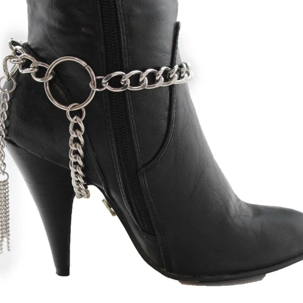 Women Silver Metal Boot Chain Bracelet Circle Back Tassel Shoe Charm Anklet - Picture 4 of 12